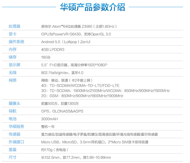 双4g手机华硕全民版zenfone 2配置参数