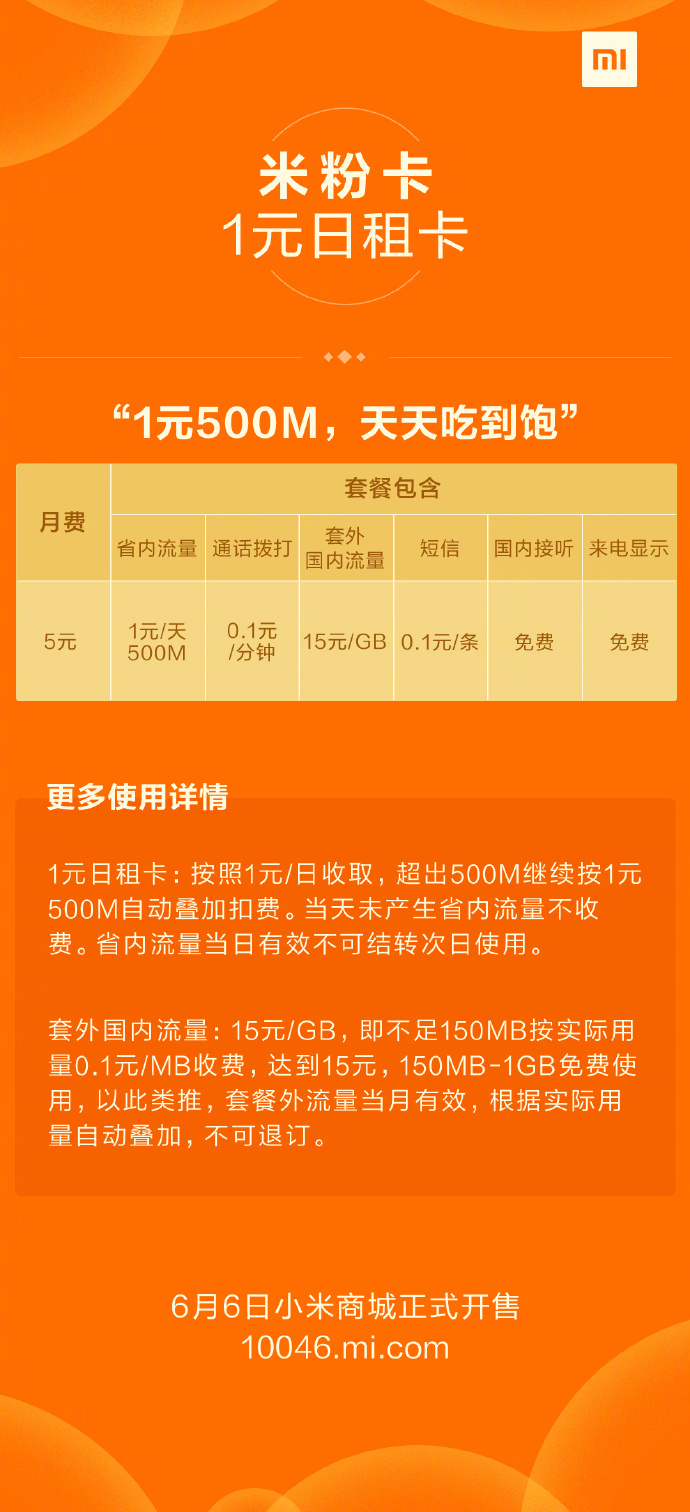 小米米粉卡开售 3元日租卡/29元特权月租卡