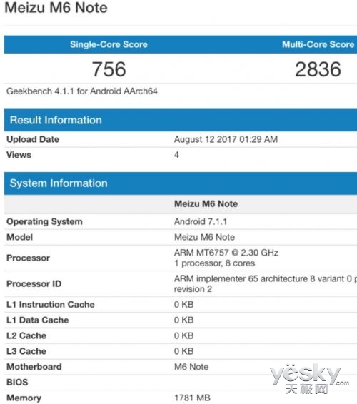 魅蓝Note 6现身Geekbench:搭载联发科P20?