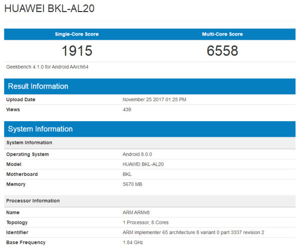 荣耀V10现身Geekbench跑分平台:麒麟970+6G