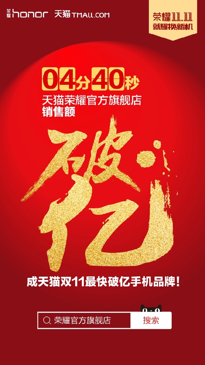 力压小米 荣耀手机双11包揽三项销售第一